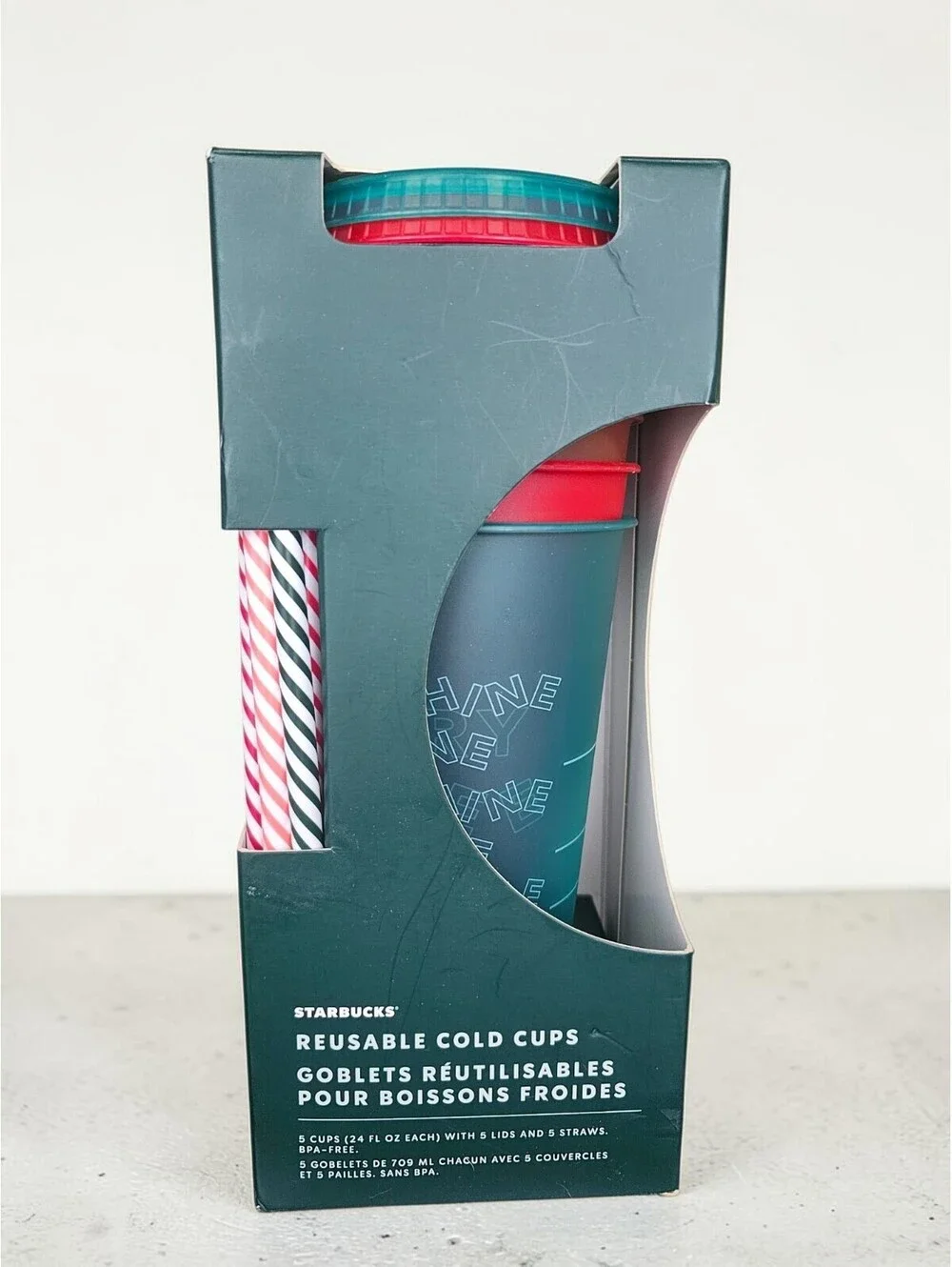 Starbucks Reusable Cold Cups – 5-Piece Set | 24 oz | Holiday Candy Stripe